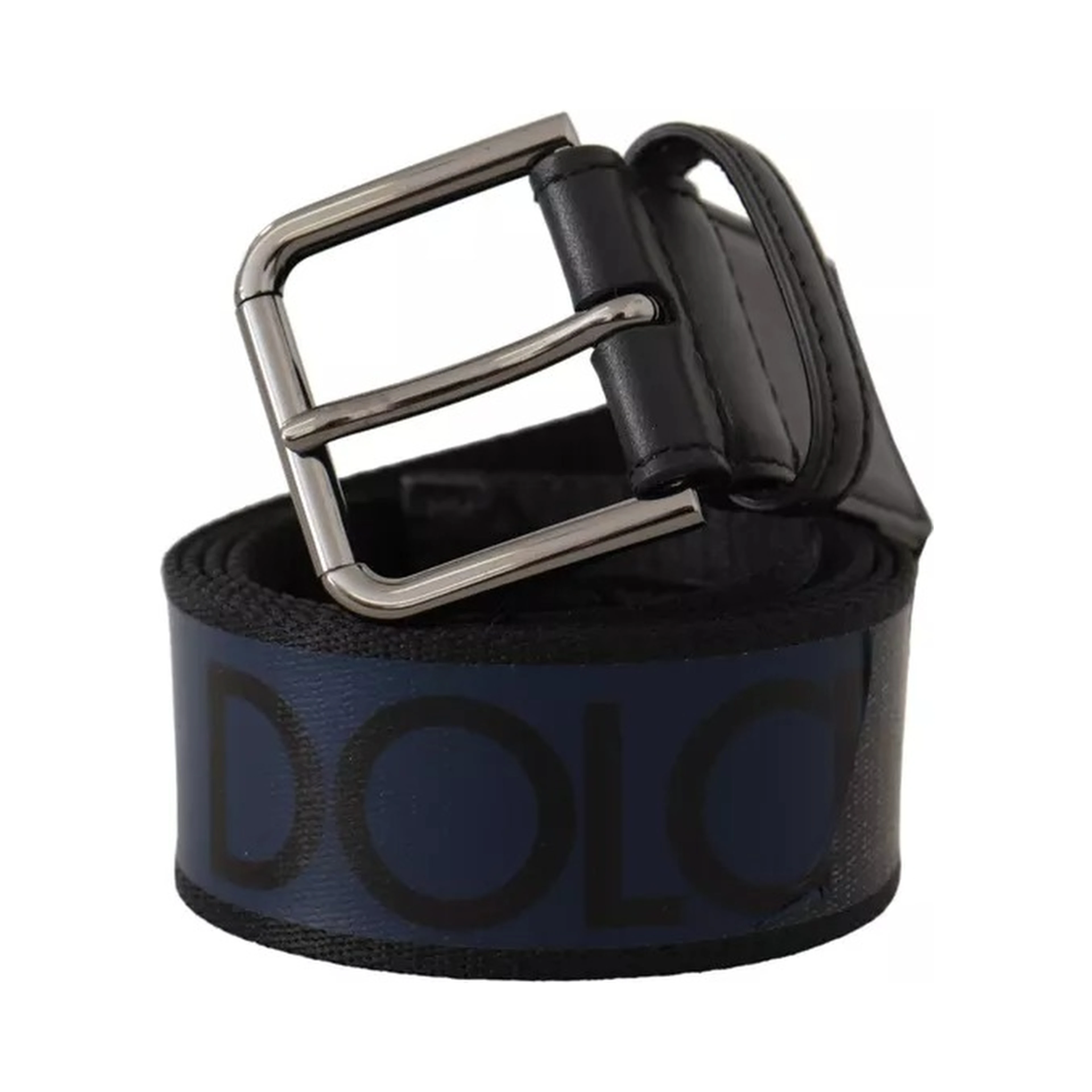 Blue Black Logo Print Silver Buckle Belt