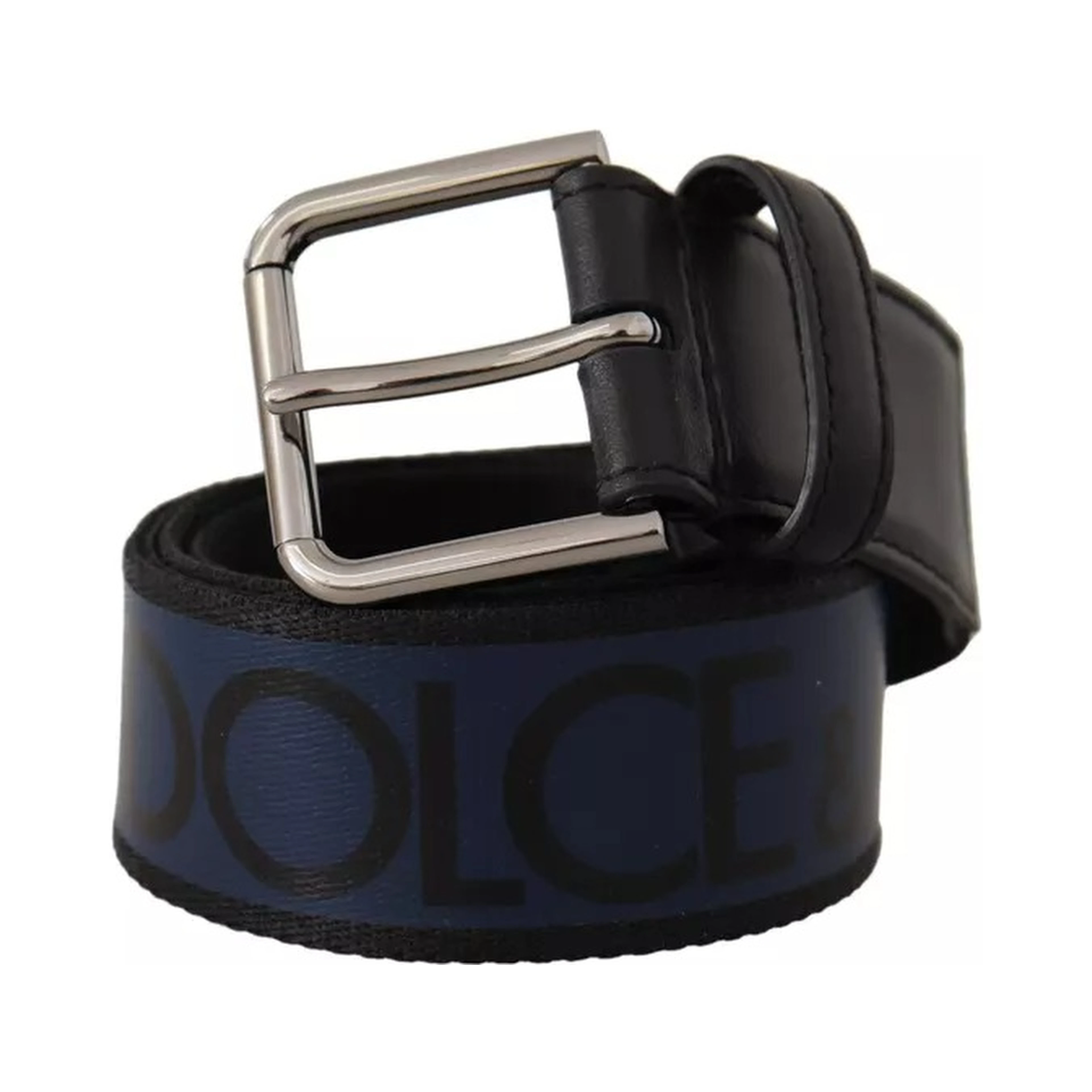 Blue Black Logo Print Silver Buckle Belt