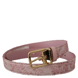 Pink Jaquard Embroidered Gold Tone Metal Buckle Belt