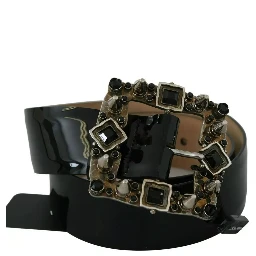 Black Shiny Leather Crystal Logo Buckle Belt