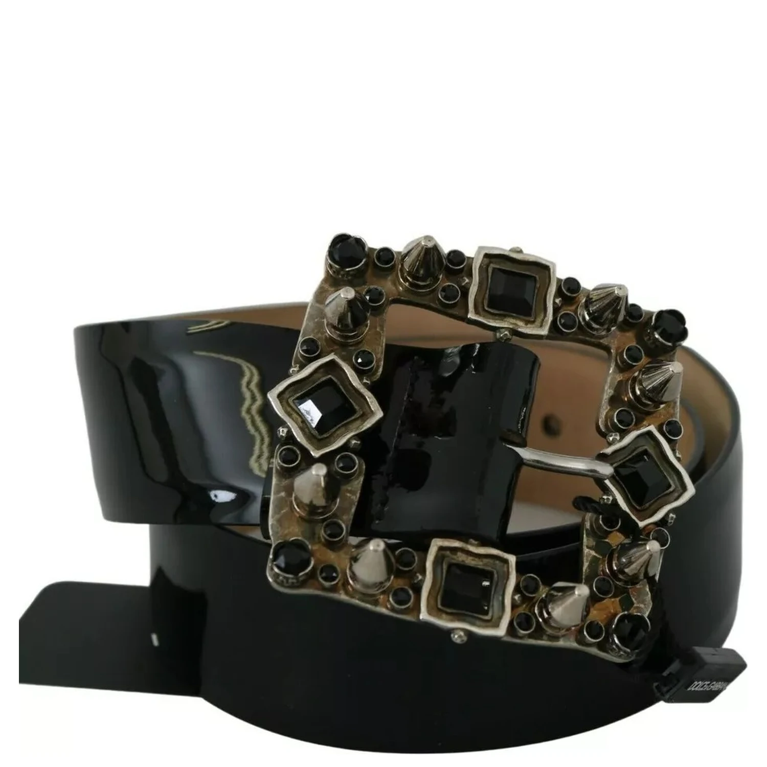 Black Shiny Leather Crystal Logo Buckle Belt