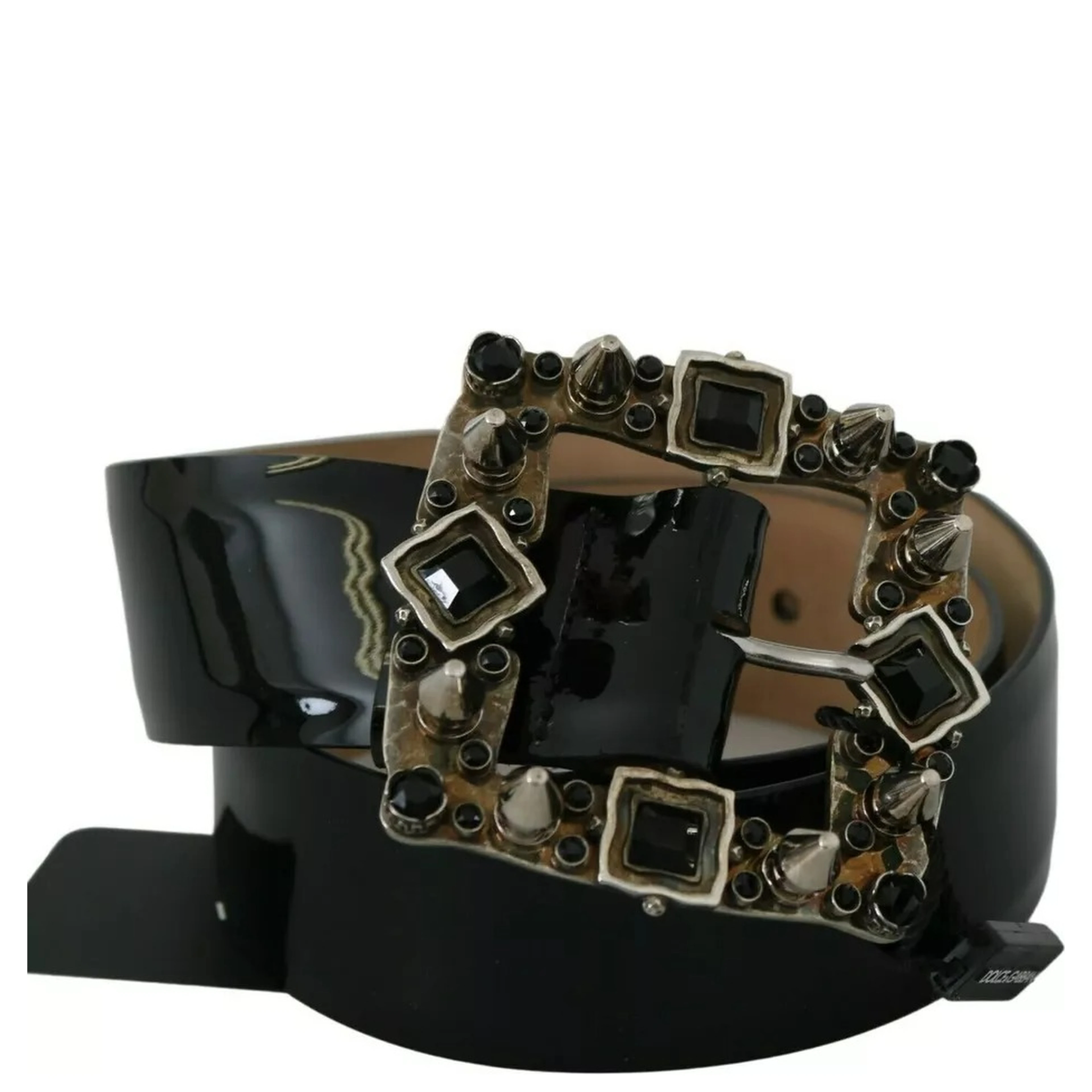 Black Shiny Leather Crystal Logo Buckle Belt