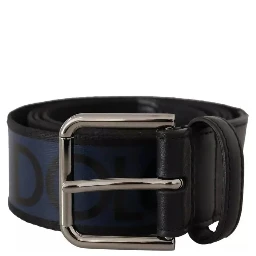 Blue Black Logo Print Silver Buckle Belt