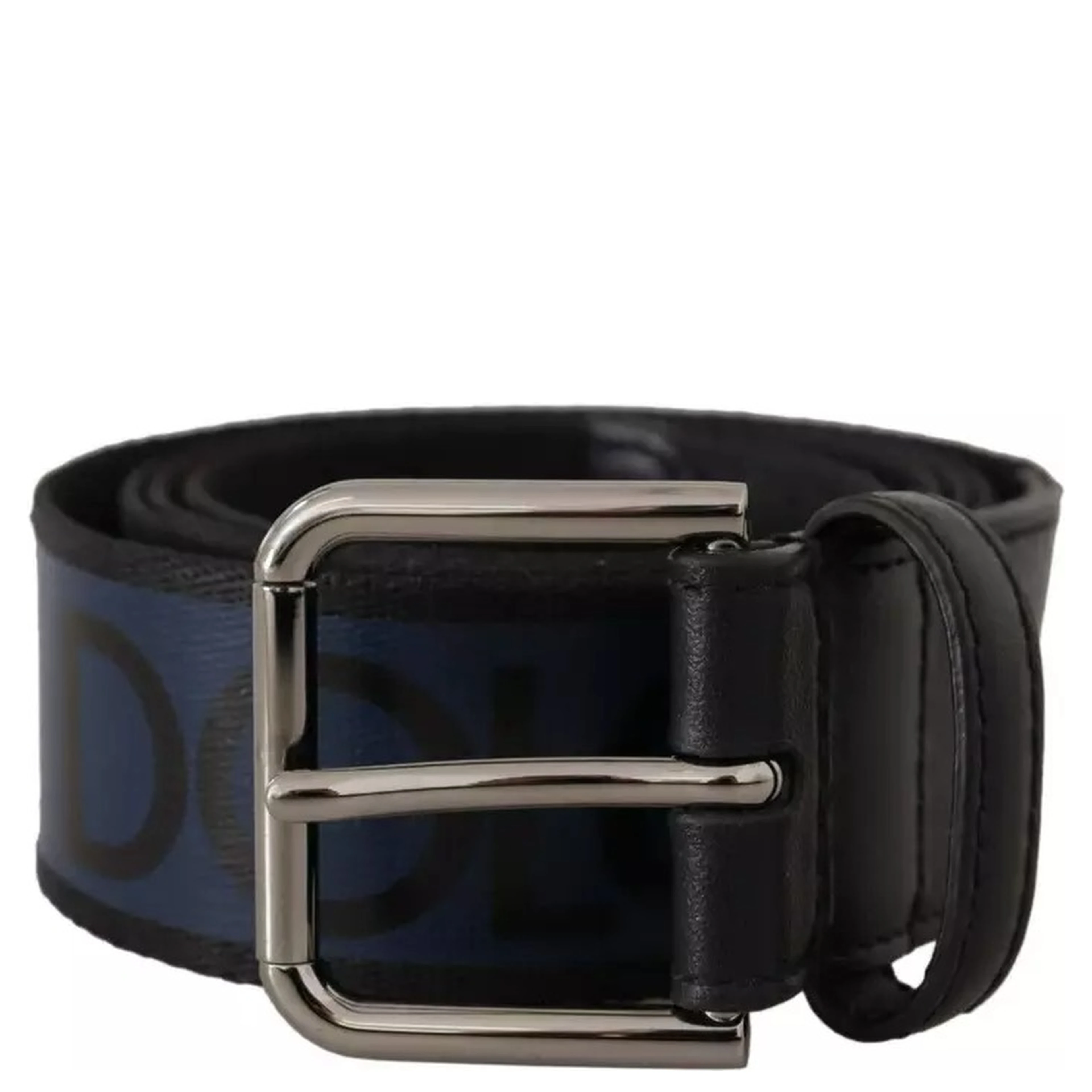 Blue Black Logo Print Silver Buckle Belt