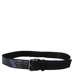 Blue Black Logo Print Silver Buckle Belt