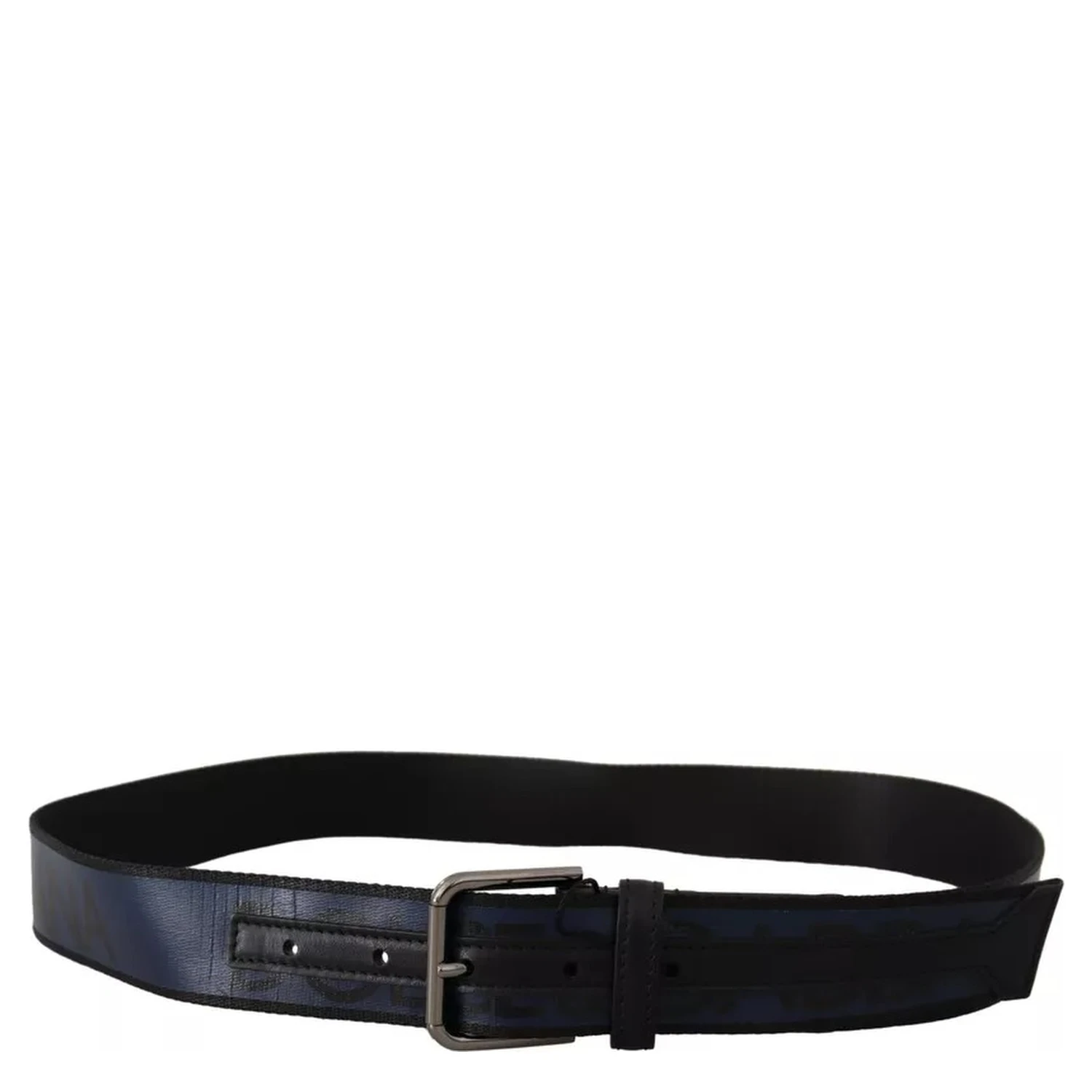 Blue Black Logo Print Silver Buckle Belt