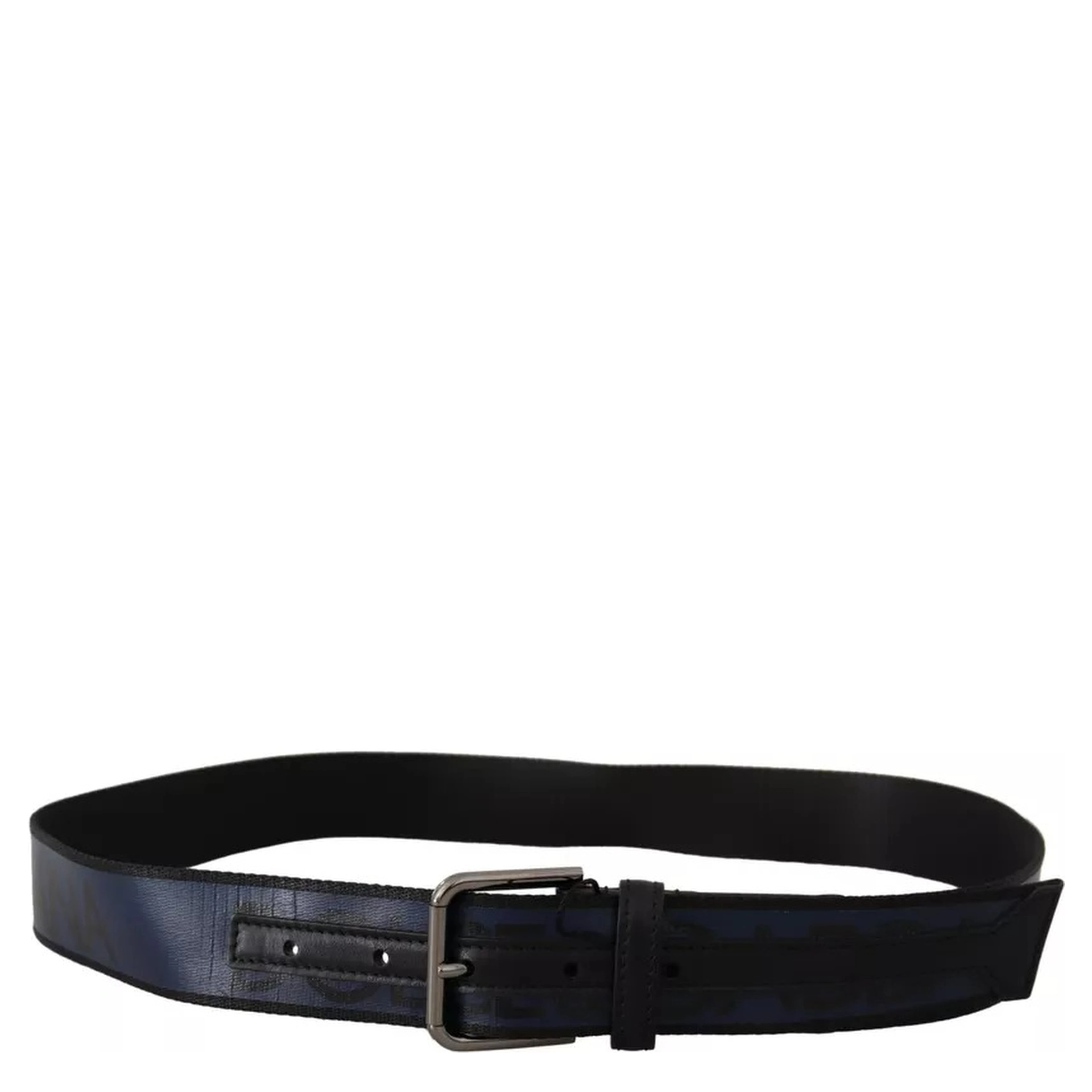 Blue Black Logo Print Silver Buckle Belt