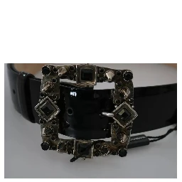 Black Shiny Leather Crystal Logo Buckle Belt