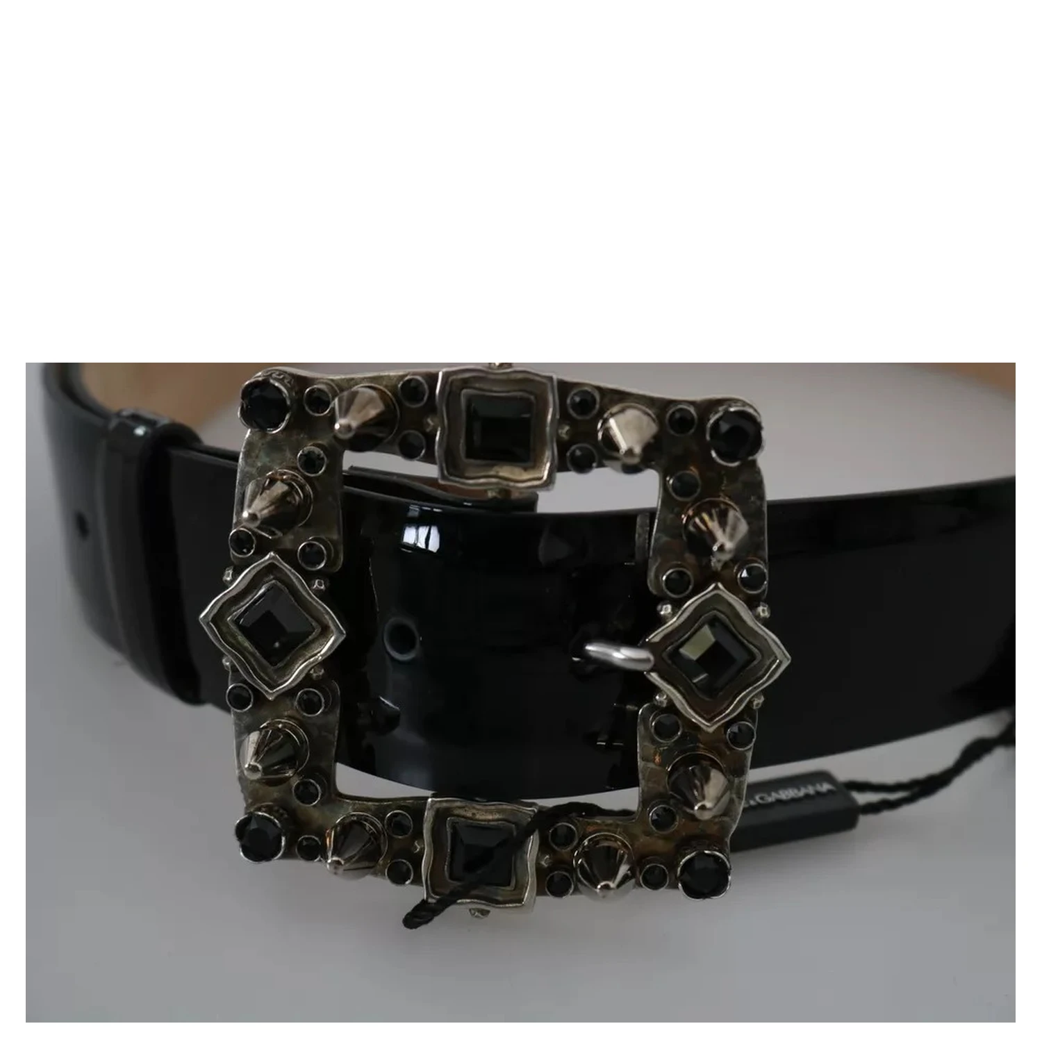 Black Shiny Leather Crystal Logo Buckle Belt