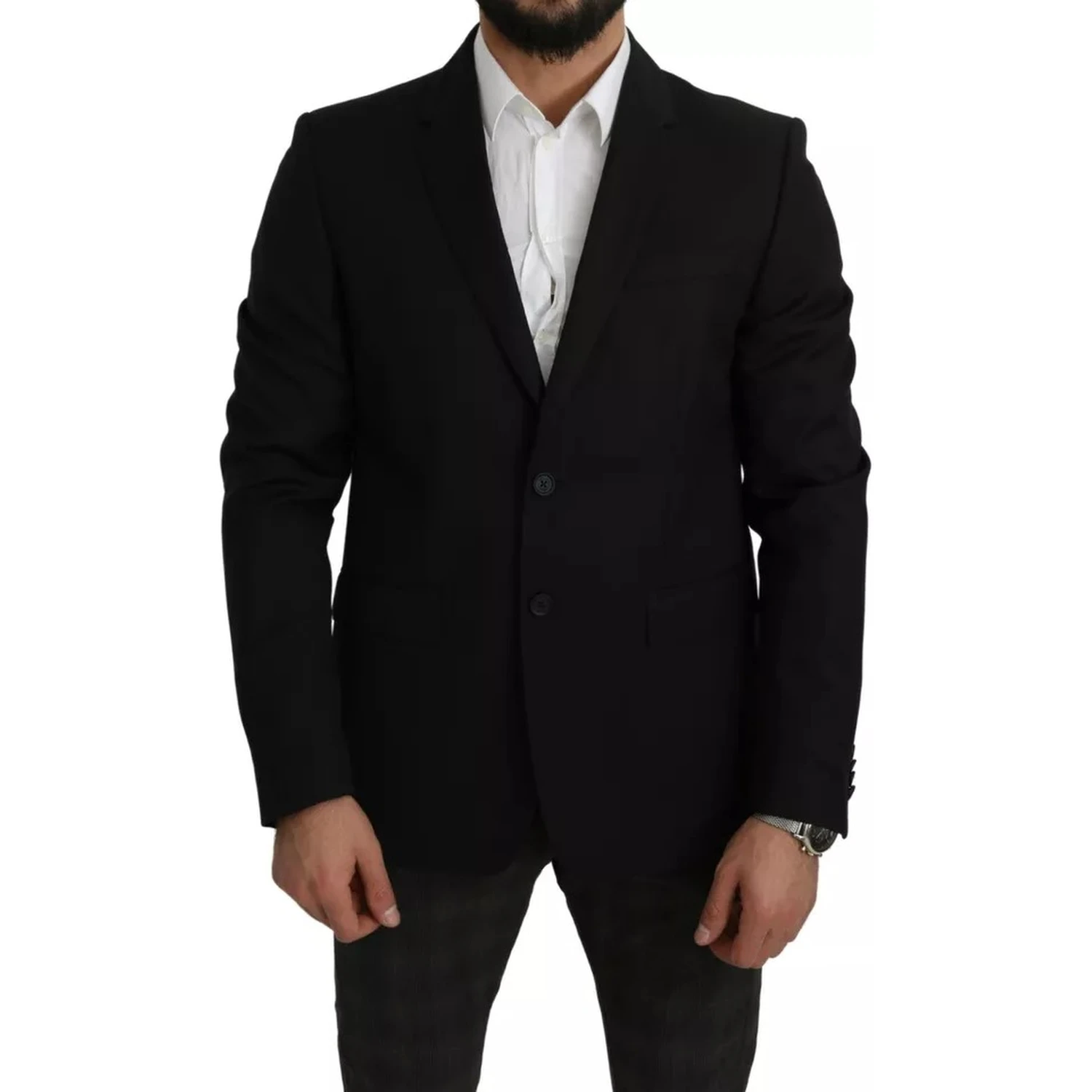 Black Wool Slim Fit Notch Jacket Blazer