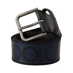 Blue Black Logo Print Silver Buckle Belt