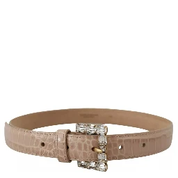 Beige Leather Crystal Buckle Women Belt
