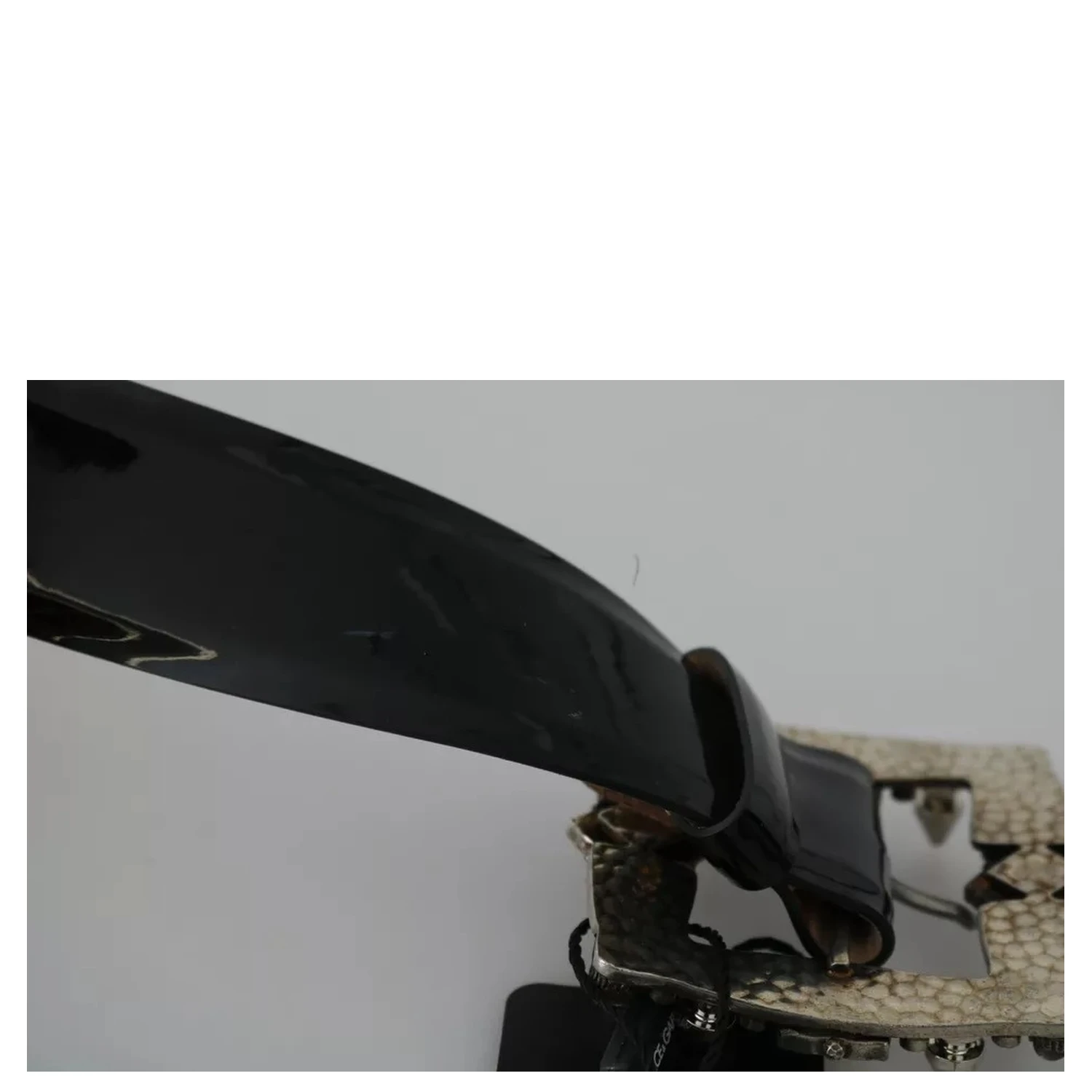 Black Shiny Leather Crystal Logo Buckle Belt