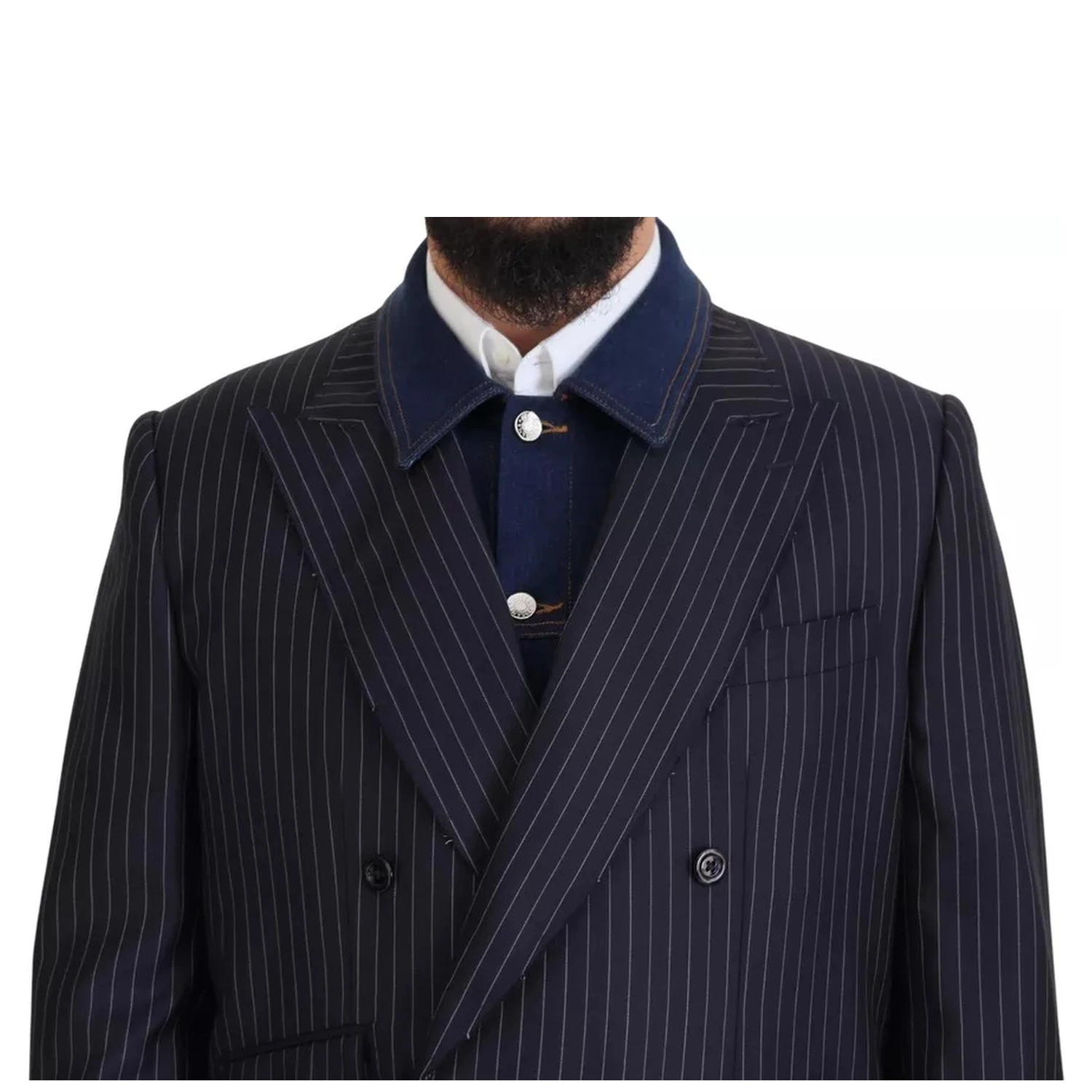Blue Striped Double Breasted Denim Blazer