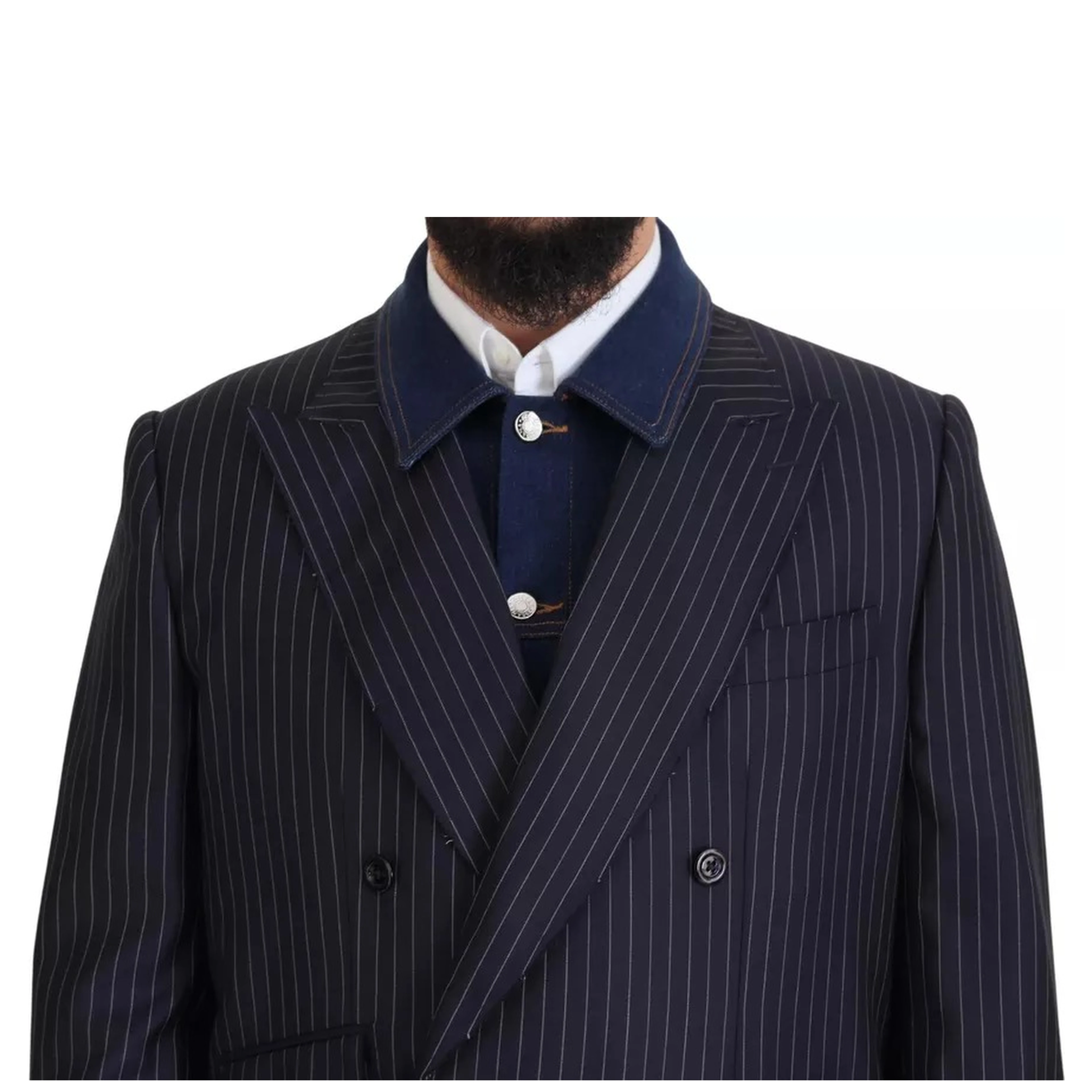 Blue Striped Double Breasted Denim Blazer