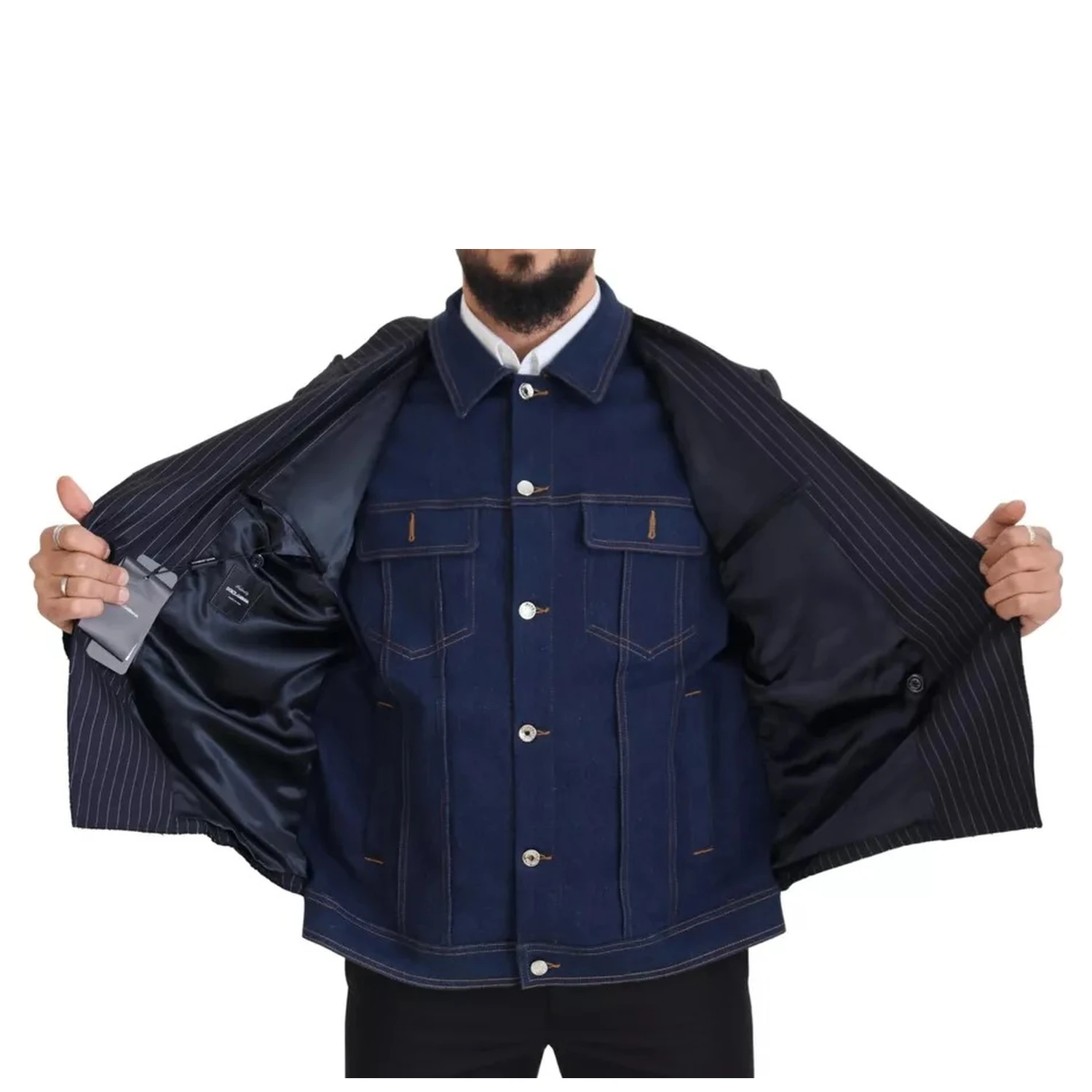Blue Striped Double Breasted Denim Blazer