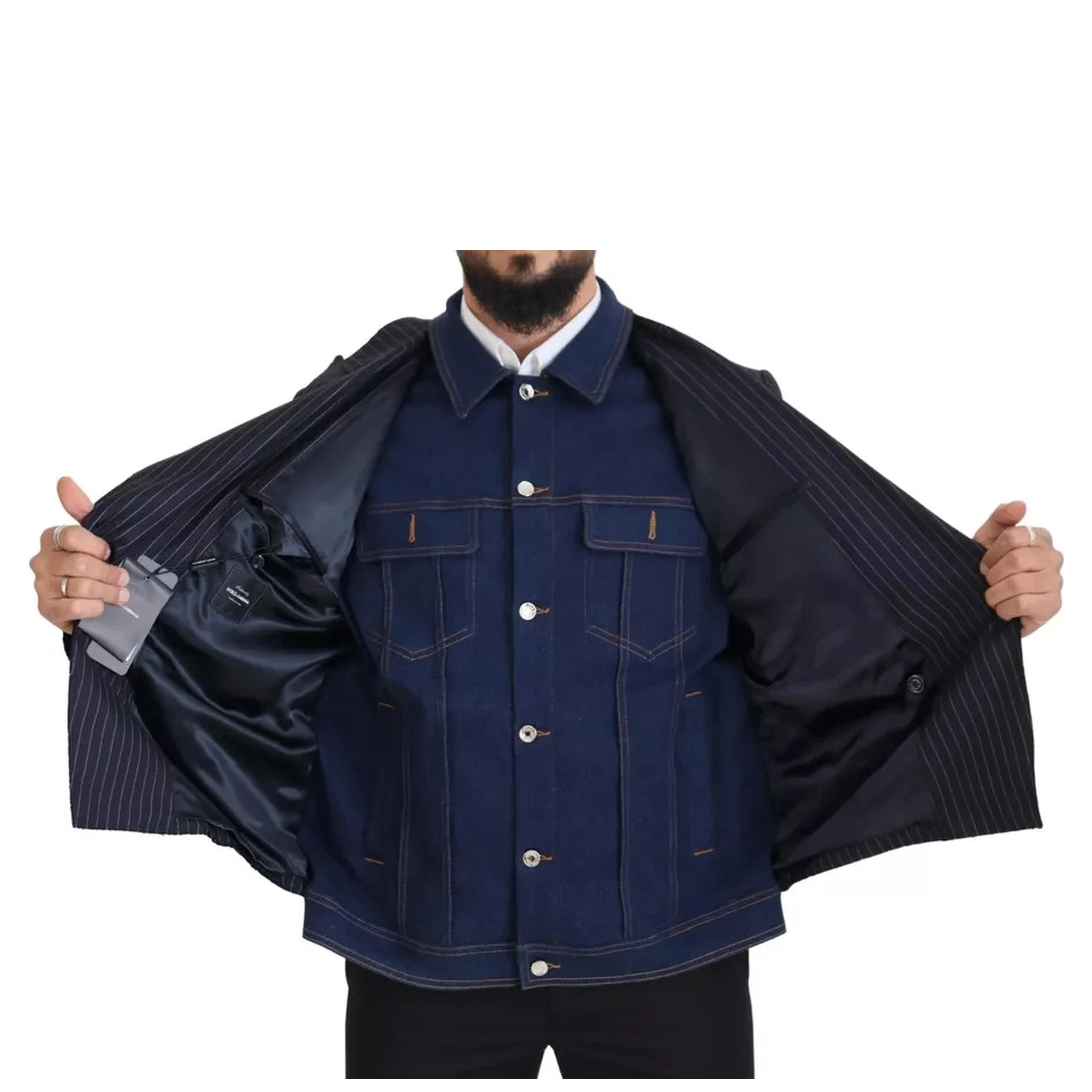 Blue Striped Double Breasted Denim Blazer
