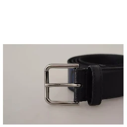 Blue Black Logo Print Silver Buckle Belt