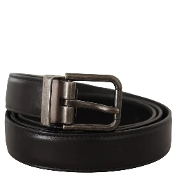 Black Calf Leather Vintage Logo Metal Buckle Belt