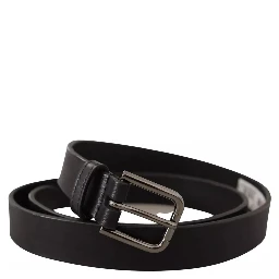 Black Calf Leather Classic Metal Logo Buckle Belt