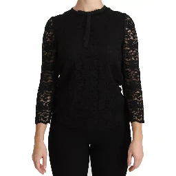 Black Lace Long Sleeve Blouse Nylon Top