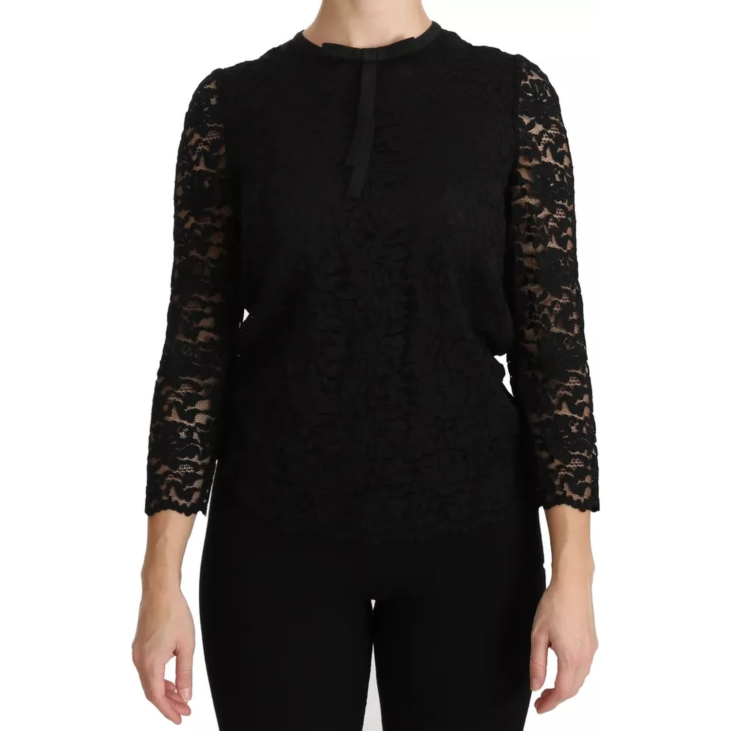 Black Lace Long Sleeve Blouse Nylon Top