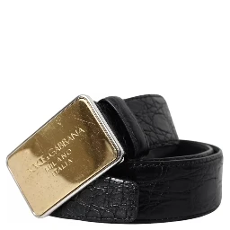 Black Exotic Leather Gold Metal Buckle Belt