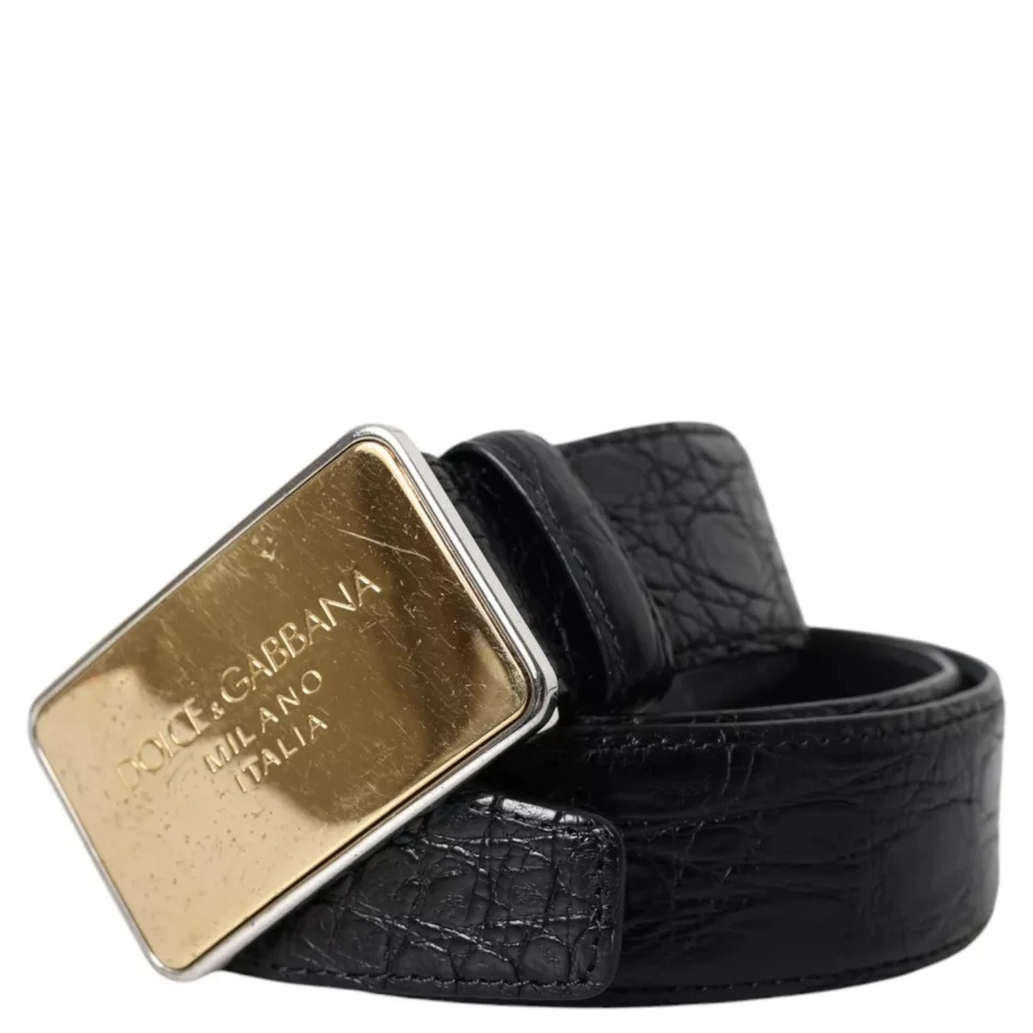 Black Exotic Leather Gold Metal Buckle Belt
