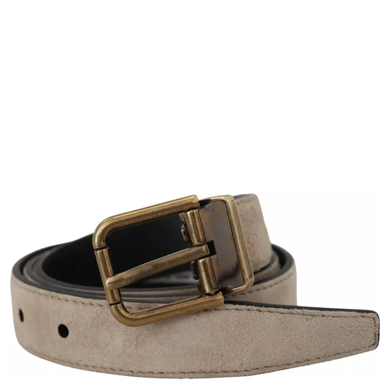 Beige Velvet Leather Gold Tone Metal Buckle Belt