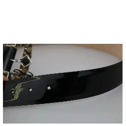 Black Shiny Leather Crystal Logo Buckle Belt