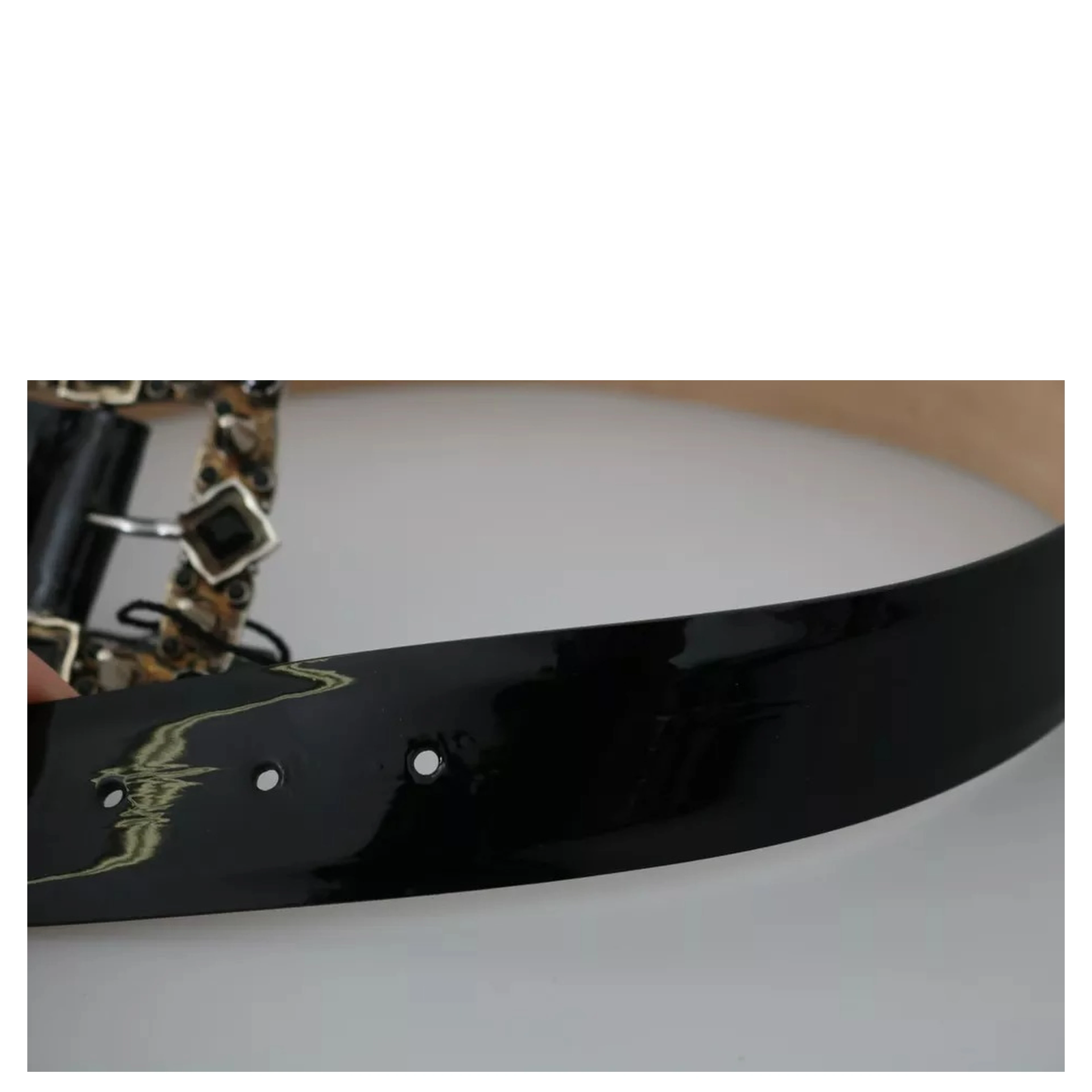 Black Shiny Leather Crystal Logo Buckle Belt