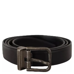 Black Calf Leather Vintage Logo Metal Buckle Belt