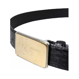 Black Exotic Leather Gold Metal Buckle Belt