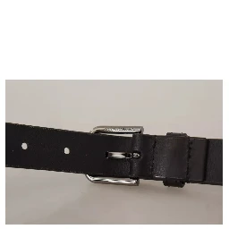 Black Calf Leather Classic Metal Logo Buckle Belt
