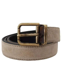 Beige Velvet Leather Gold Tone Metal Buckle Belt
