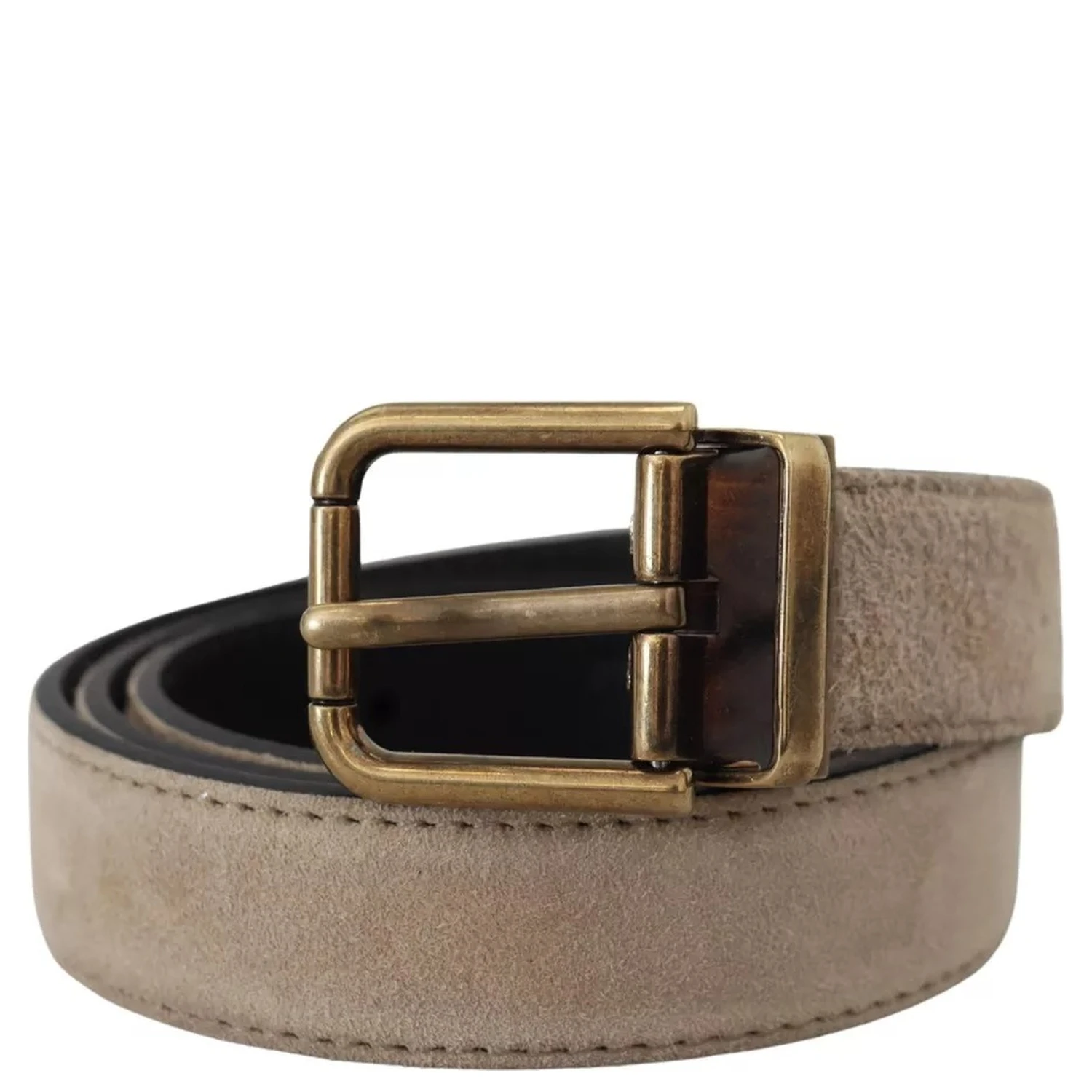 Beige Velvet Leather Gold Tone Metal Buckle Belt