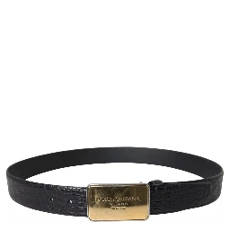Black Exotic Leather Gold Metal Buckle Belt