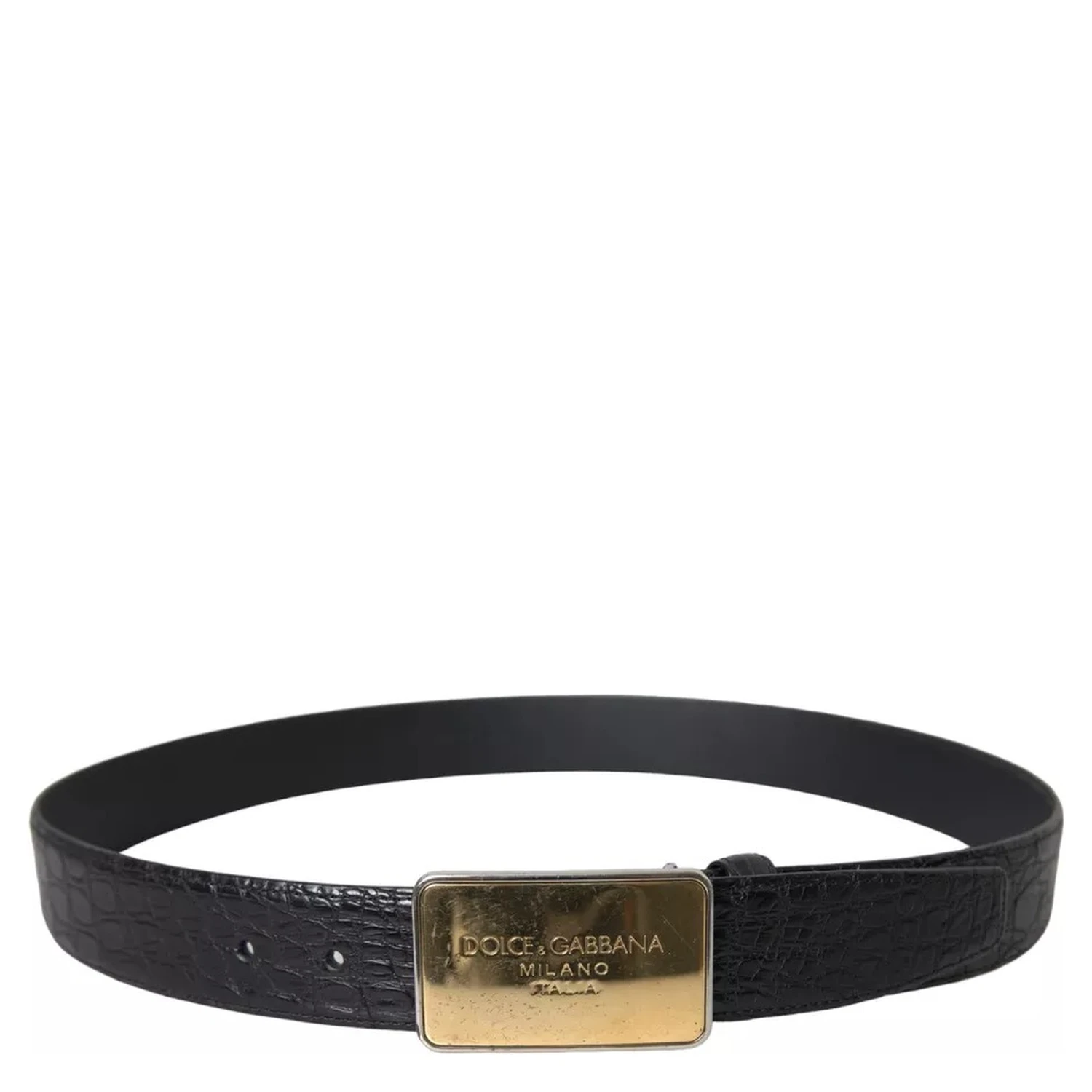 Black Exotic Leather Gold Metal Buckle Belt