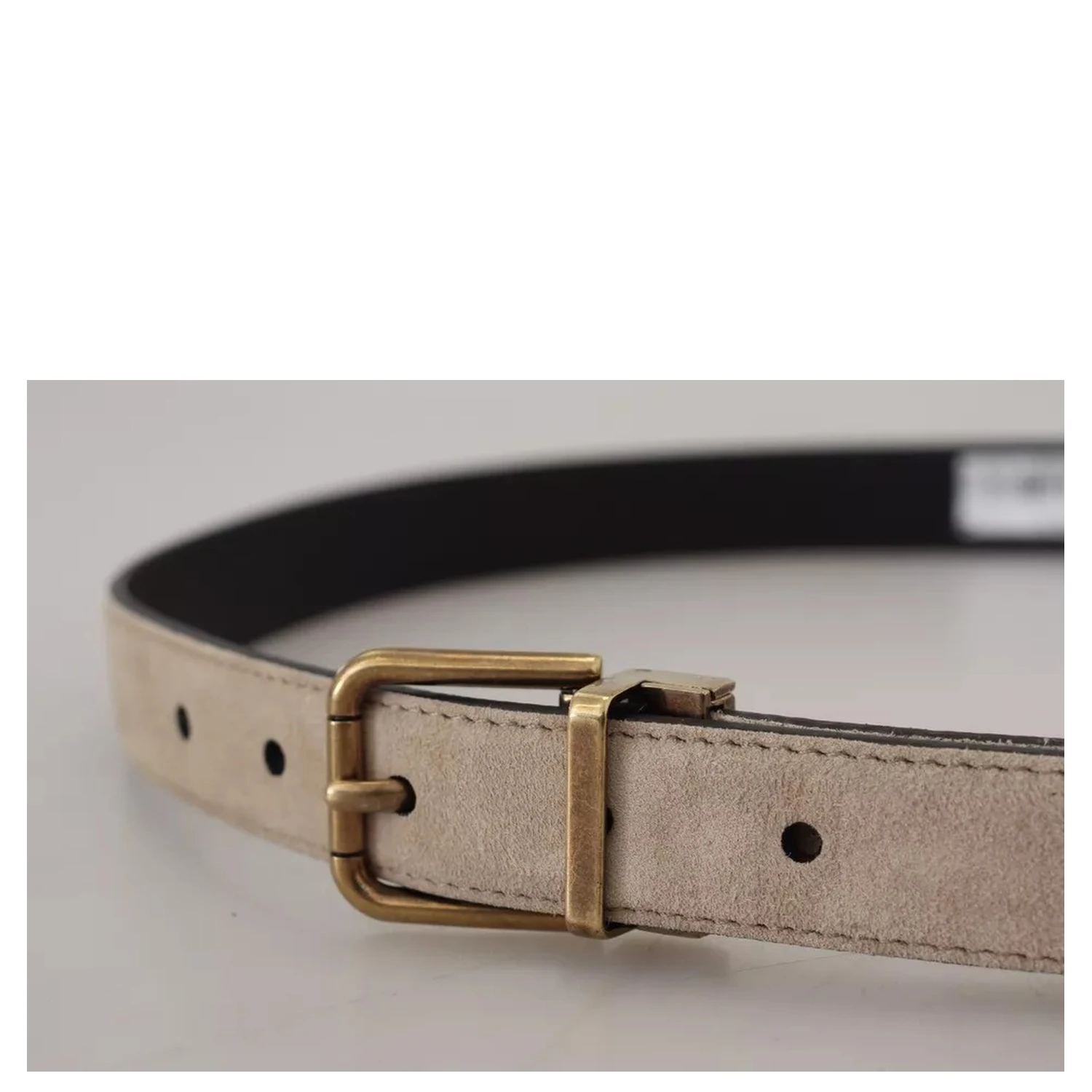 Beige Velvet Leather Gold Tone Metal Buckle Belt
