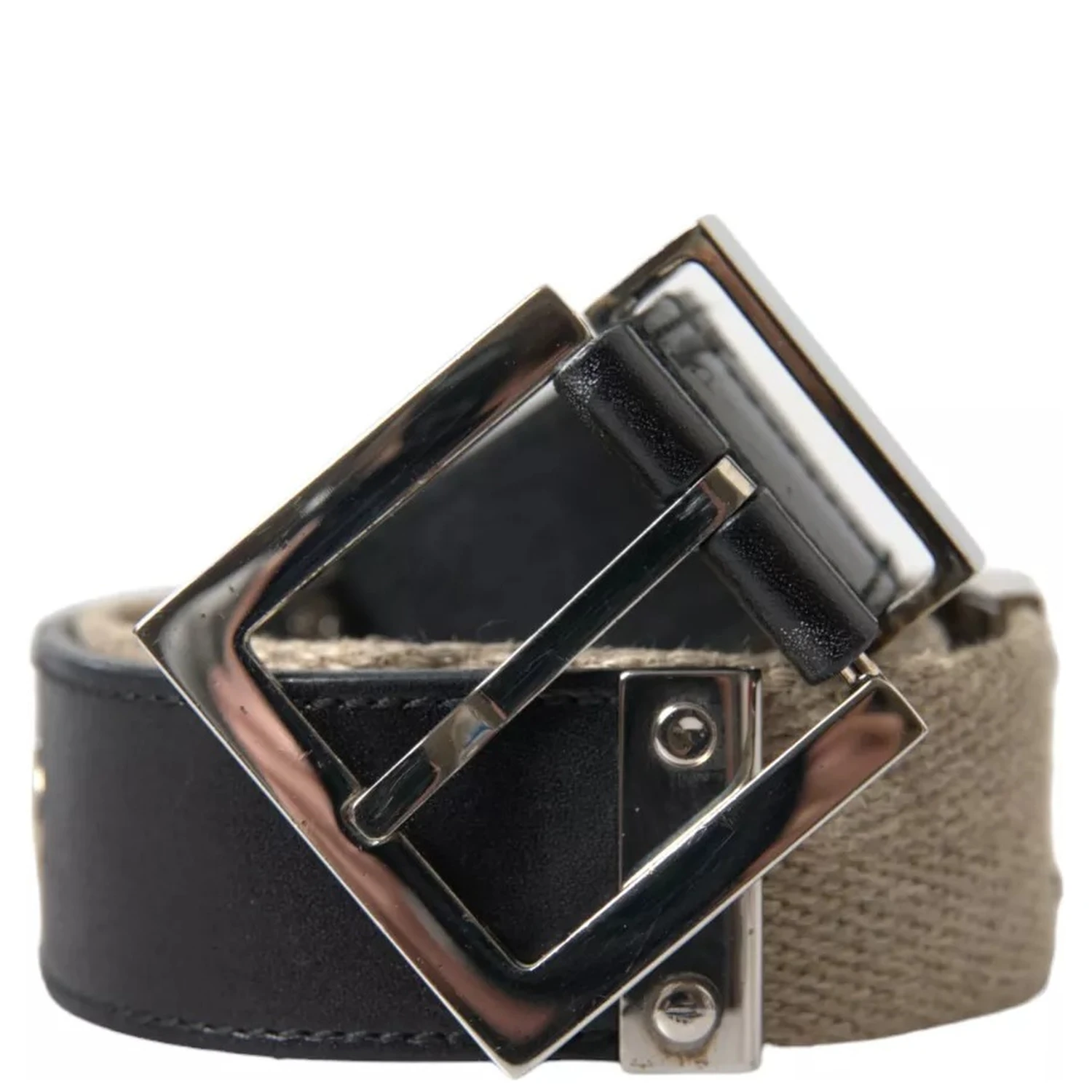 Black Leather Beige Strap Silver Metal Buckle Belt