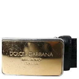 Black Exotic Leather Gold Metal Buckle Belt