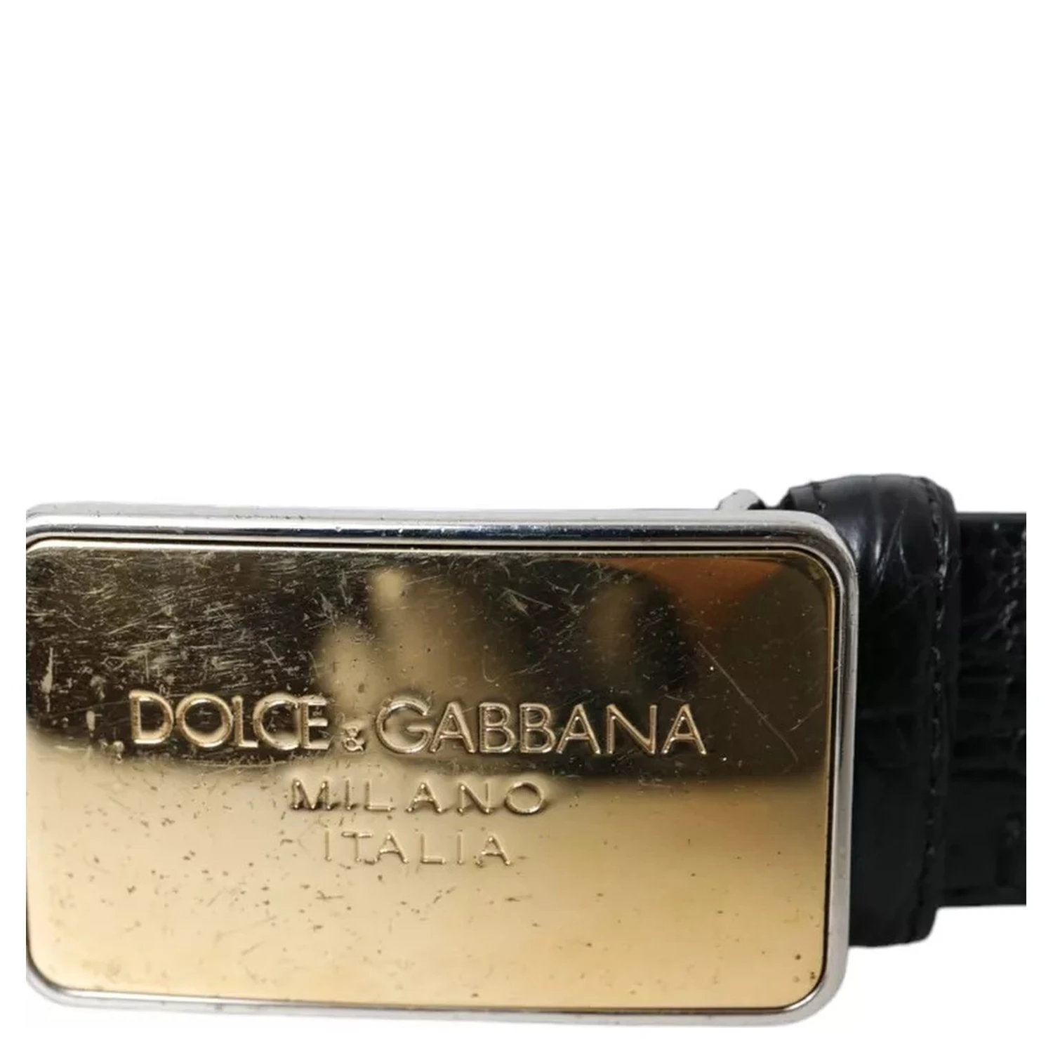 Black Exotic Leather Gold Metal Buckle Belt