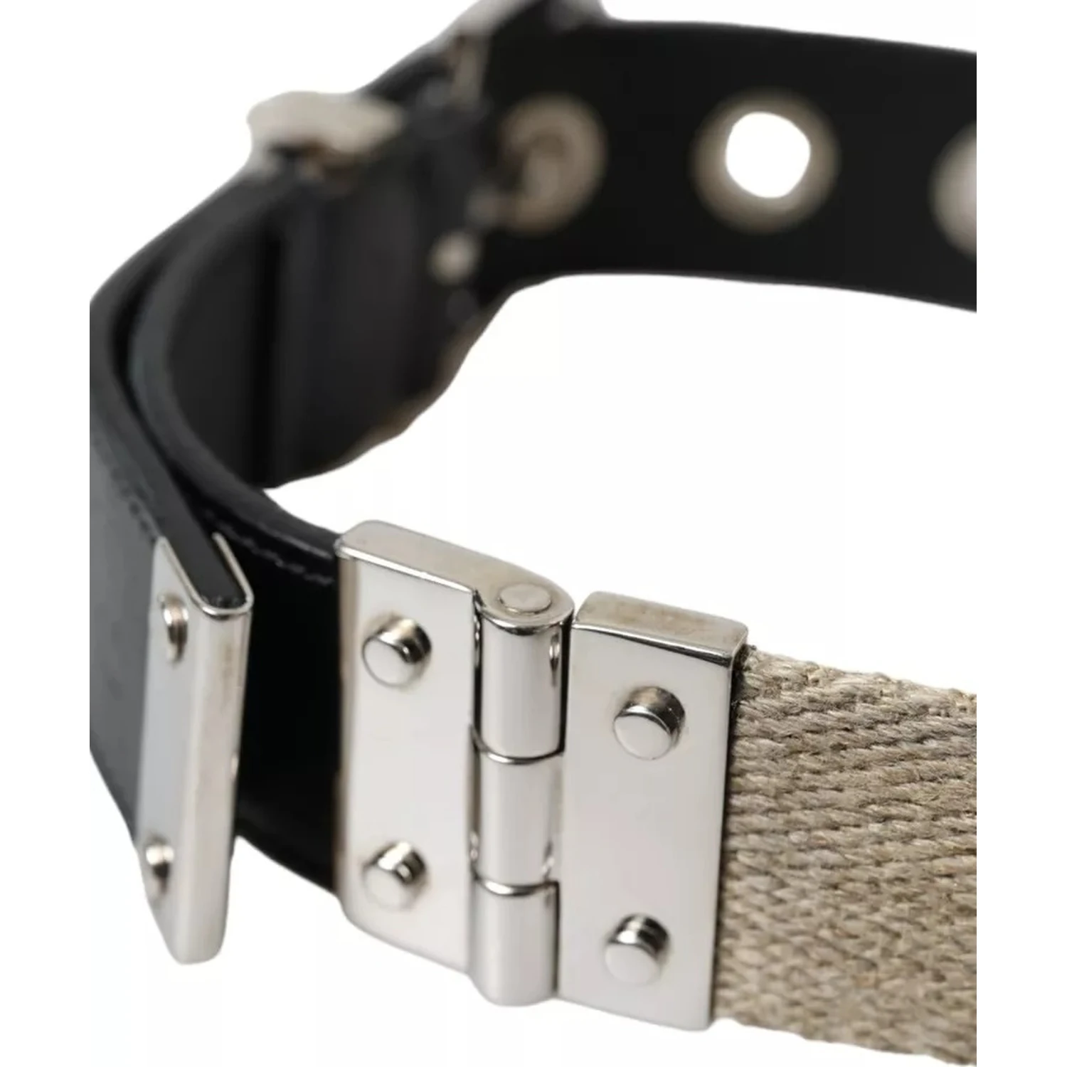Black Leather Beige Strap Silver Metal Buckle Belt