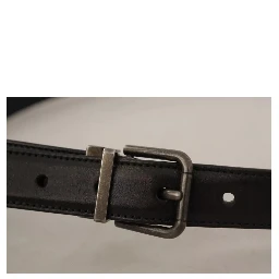 Black Calf Leather Vintage Logo Metal Buckle Belt