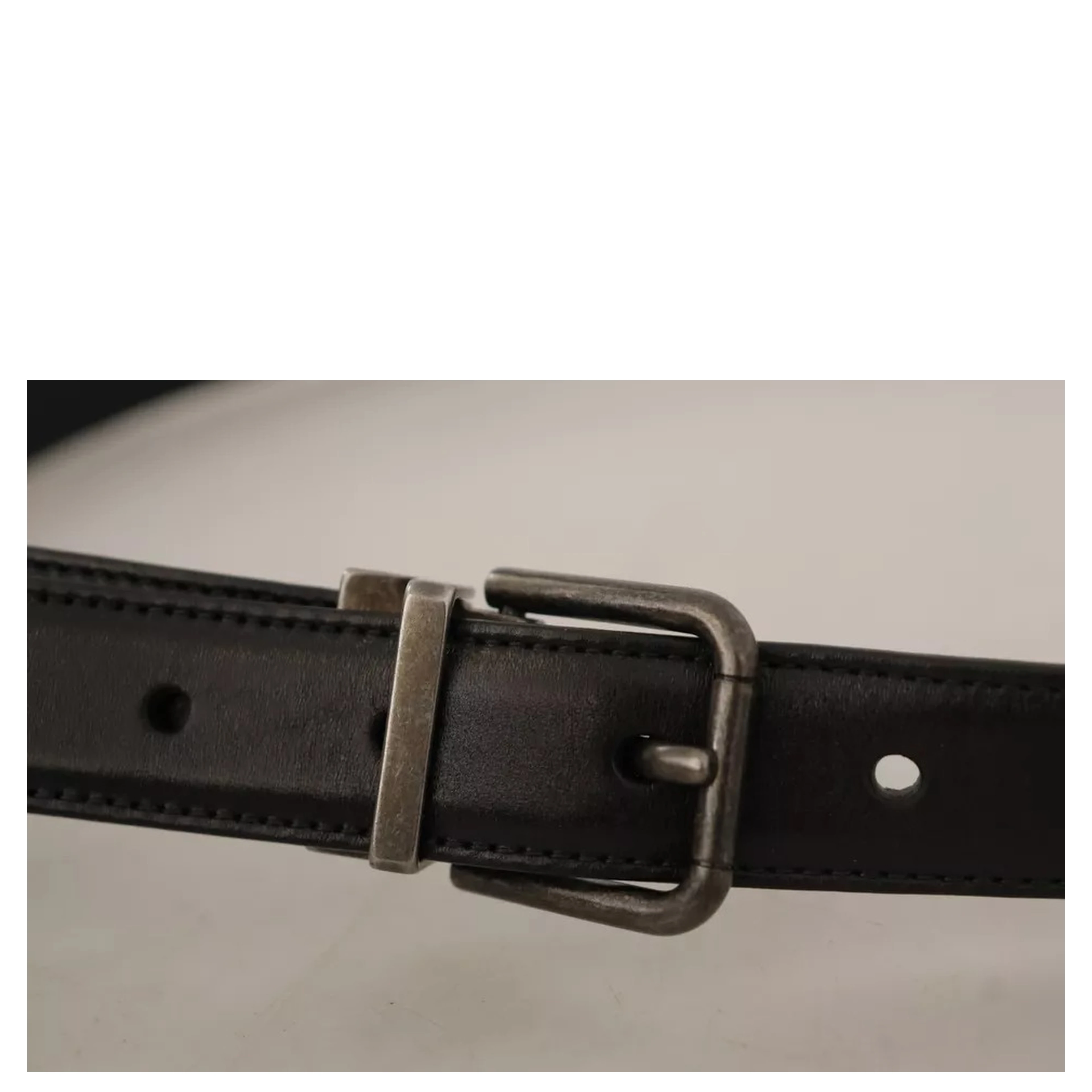 Black Calf Leather Vintage Logo Metal Buckle Belt