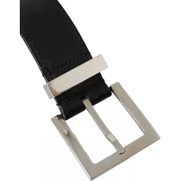 Black Leather Beige Strap Silver Metal Buckle Belt