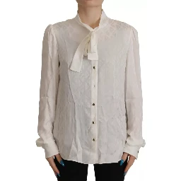 White Patterned Silk Ascot Collar Blouse Top