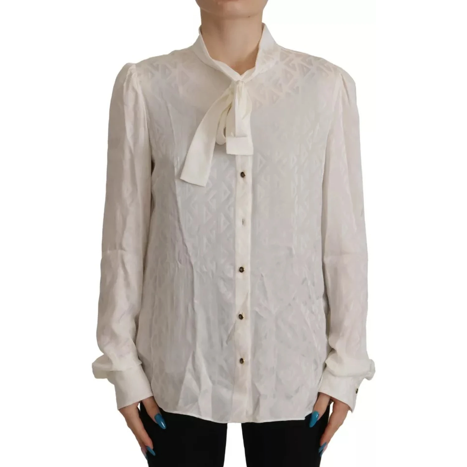White Patterned Silk Ascot Collar Blouse Top