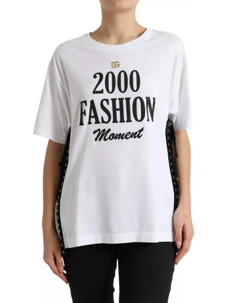 White Slogan Print Lacing Detailed T-shirt