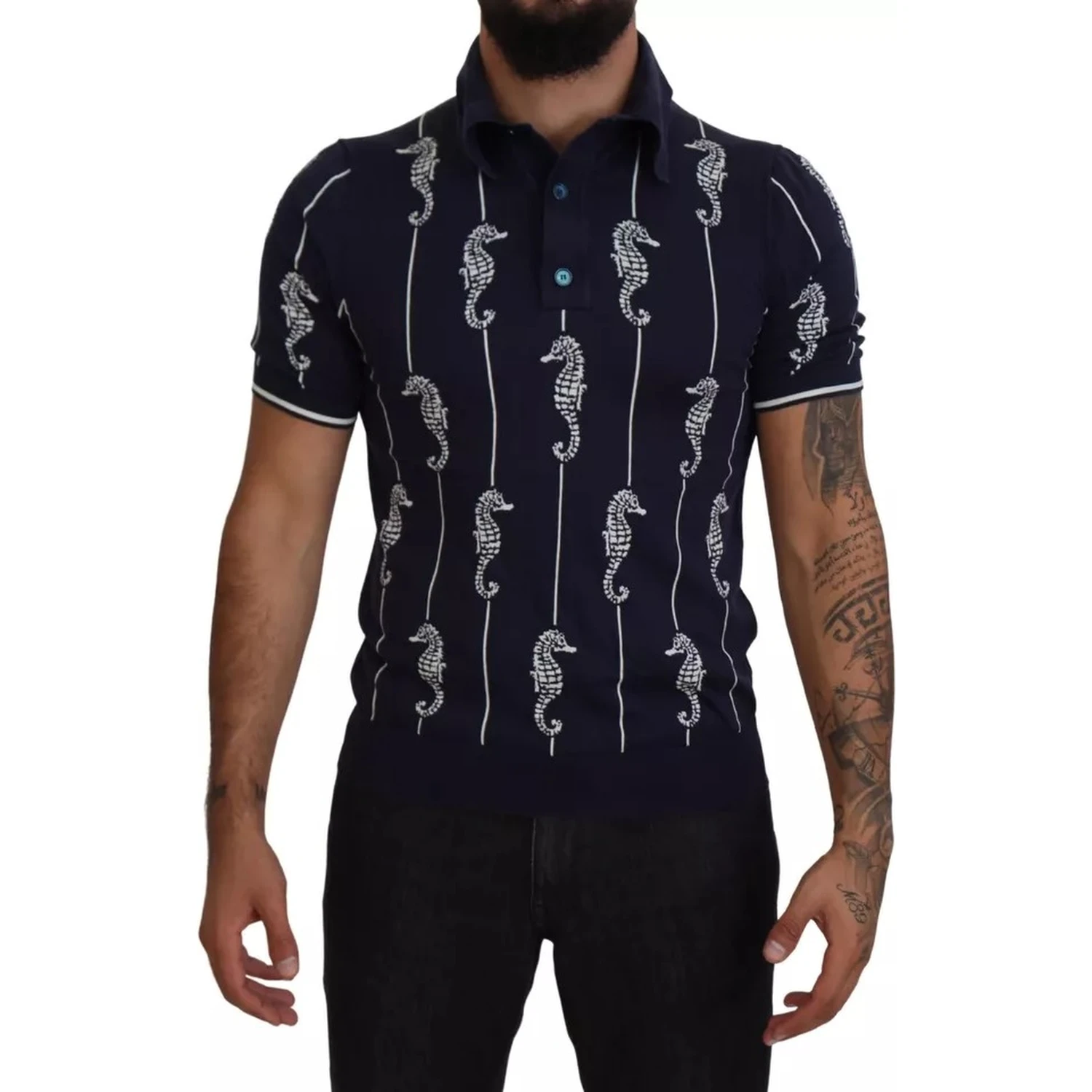 Dark Blue Sea Horse Collared Polo T-shirt